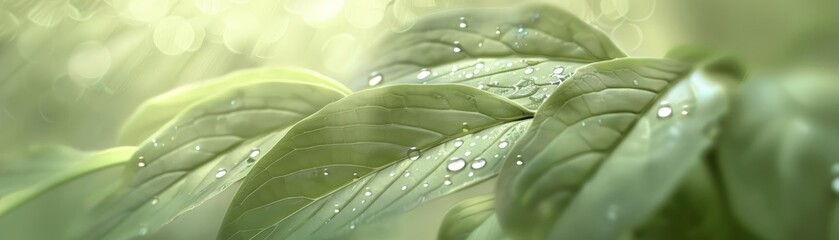 Poster - Close-up of leaves with water droplets in natural light, creating a fresh, serene atmosphere with soft-focus greenery.