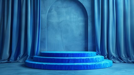 Poster - A three-tiered circular blue stage is framed by matching blue curtains in a minimalist setting with soft lighting.
