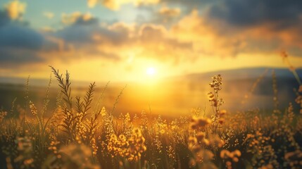 Canvas Print - Breathtaking summer sunrise landscape with a glowing golden sun peeking through a vibrant meadow filled with lush grass and blooming flowers,creating a warm,ethereal and serene atmosphere.