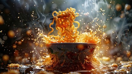 a dramatic, high-energy splash of noodles from a bowl in vibrant golden hues.