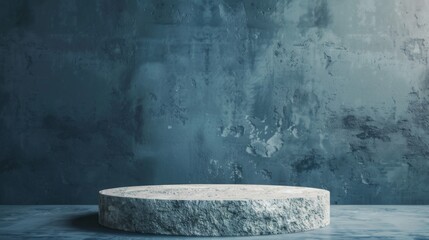Poster - A round stone pedestal is positioned in front of a blue textured wall, illuminated by studio lighting in the afternoon.
