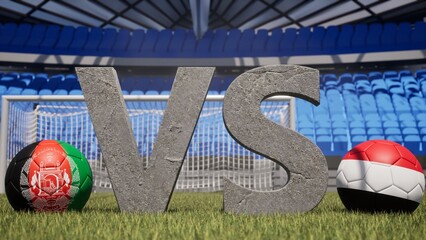 A soccer match between Afghanistan and Yemen is symbolized by two soccer balls with their national flags and a large vs on a stadium field