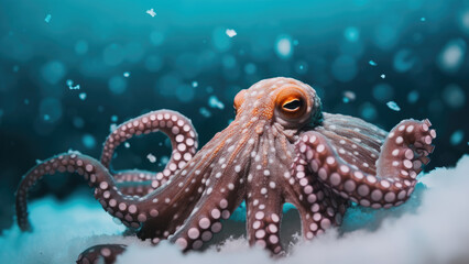 Wall Mural - Unique Marine Octopus in Frosty Underwater Landscape with Snowflakes
