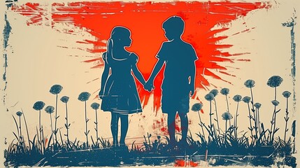 Childhood companionship, a silhouette illustration of two children holding hands in a field at dusk or dawn