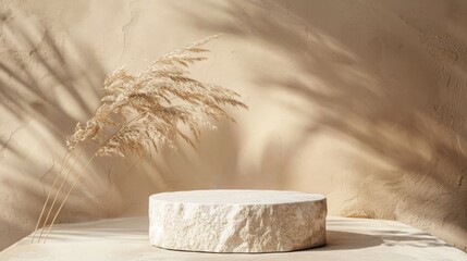 Poster - A round stone pedestal is illuminated by soft afternoon light with dried pampas grass casting shadows on a textured beige wall.