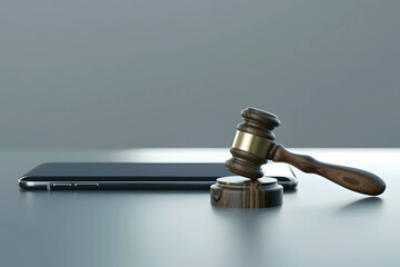 Smartphone and judgment hammer beside, judgment of crimes online concept, protection and protection of cyber victims, social and online threats and dangers