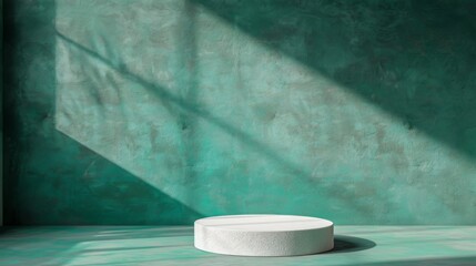 Poster - A circular white platform stands in a green room with sunlight streaming in through a window, casting shadows.