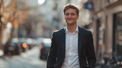 Wall Mural - portrait of a handsome smiling young businessman boss in a black suit walking on a city street to his company office. blurry street background, confident