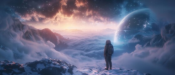 Wall Mural - A man in a spacesuit stands on a snowy mountain peak, looking out at the vast