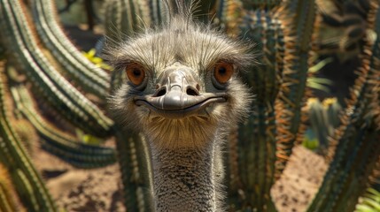 Poster - Close up of an ostrich s face with cacti and plants in the backdrop