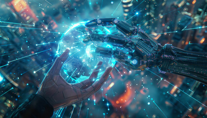Wall Mural - human hand reaching to touch ai digital sphere, concept of human-ai interaction by ai generated imag