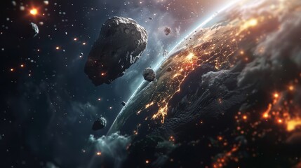 Canvas Print - Majestic and ominous scene depicting a colossal asteroid hurtling through space,approaching a fiery collision with the Earth,creating a spectacular display of cosmic power and destruction.