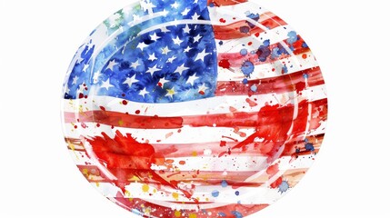 Creative watercolor painting of the United States flag in a circular shape, blending vibrant red, white, and blue colors in abstract style.
