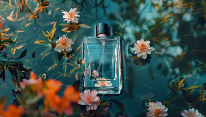 Wall Mural - A bottle of perfume is floating on the surface of a body of water