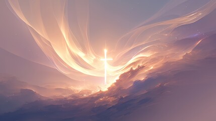 Wall Mural - Beautiful abstract light background with ivory smoke and interesting dramatic backlight with glowing cross in the center, 4k HD wallpaper, background, generated by AI.Ethereal Cross: A Glowing Symbol 