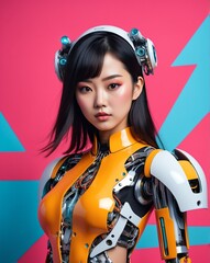 Poster - young asian woman with robotic stylish clothing outfit model posing on bright color background portrait