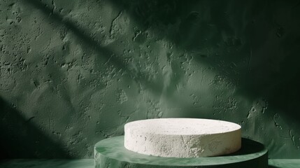 Aufkleber - A white circular plaster pedestal is illuminated by sunlight, casting shadows on a textured green wall in the afternoon.