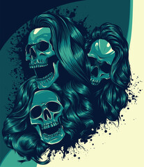 Sticker - vector illustration of skulls woman with long hair