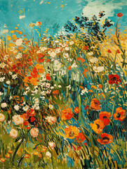 Wall Mural - painting of a field of flowers with a blue sky in the background