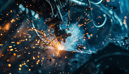 Wall Mural - A robot is working in a factory, surrounded by sparks and debris