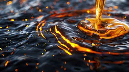 Close-up of golden liquid splashing into glossy surface, creating ripples and reflections with bokeh lights.