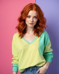 Wall Mural - young redhead woman with casual stylish clothing outfit model posing on bright color background portrait