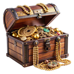 A richly decorated wooden chest overflows with golden coins, beads, and precious jewelry