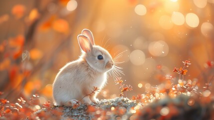 White Rabbit Sitting in Field of Flowers