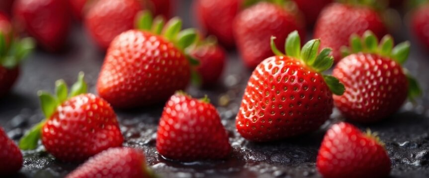 Background with berries of strawberry macro The texture of a juicy fresh bright tasty strawberry close-up.