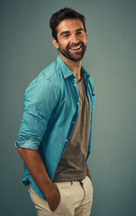 Poster - Denim, fashion and portrait with happy man in studio on gray background for relaxed clothing style. Casual, confident and smile with natural person in clothes outfit to model jacket or wardrobe