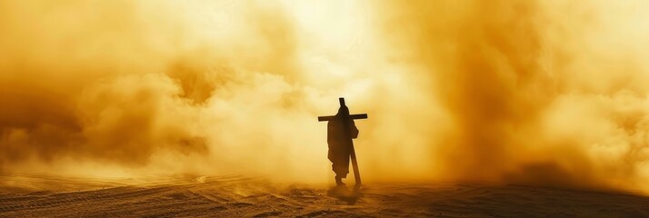 Wall Mural - Silhouette of a Man Carrying a Cross in the Desert, enveloped in Smoke and Dust, Under the Sun's Light, Symbolizing Religious Faith and Endurance