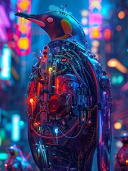 Wall Mural - Striking digital art of a penguin evolving and transforming into a futuristic,robotic cyborg creature with neon aesthetic.