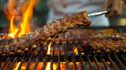 Wall Mural - A chef grilling pork ribs on a hot barbecue grill, brushing them with sauce and turning them with tongs, in a restaurant kitchen.