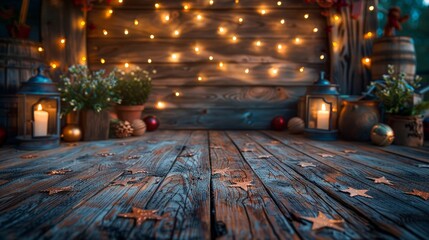 Festive decor with candles and lights on wooden surface for cozy holiday setting
