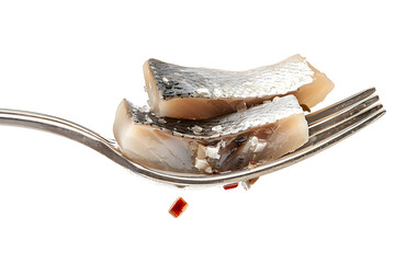 Wall Mural - Pieces of salted herring on fork isolated on white background