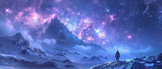 Wall Mural - A man stands on a rocky mountain top in the middle of a starry night