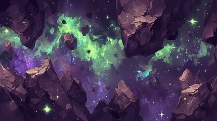 Wall Mural - Cosmic Rocks and Vibrant Nebula in Deep Space