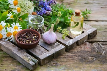 Traditional herbs and spices lie on a table of old rustic wooden boards - ingredients for making healthy food, homeopathy, naturopathy, and alternative medicine.