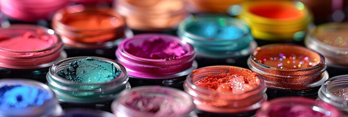 Poster - A close-up view of a collection of colorful makeup pigments and powders in small jars. Generative AI