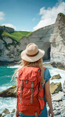 Poster - the interplay of color and light, with the woman's red backpack and straw hat contrasting against the deep blue sky and the greenish hues of the limestone cliffs