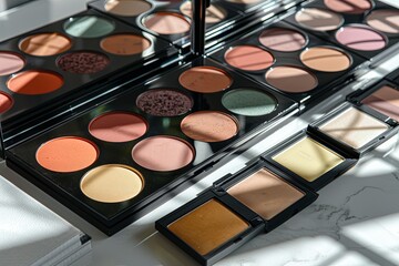 Poster - A close-up view of colorful makeup palettes, including contouring and highlighter shades, neatly arranged on a light background. Generative AI