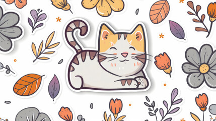 Wall Mural - A sticker of a cat surrounded by flowers and leaves