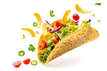Wall Mural - Taco, corn tortilla wrap with falling vegetables isolated on white background