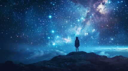 A woman stands on a hill looking up at the stars
