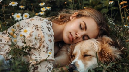 Wall Mural - A woman laying in the grass with her dog