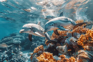 Two dolphins swimming in clear blue water above vibrant coral reef with sunlight streaming through, creating a picturesque underwater scene.