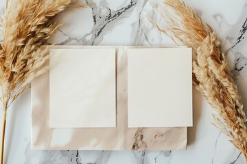 a two white cards on a marble surface on a background