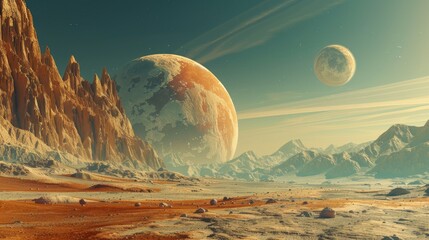 Wall Mural - a desolate landscape with two large planets in the sky