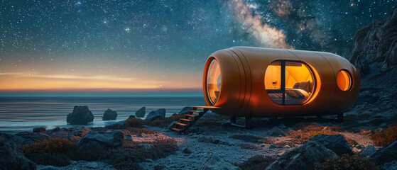 Wall Mural - A small orange house is on a rocky beach at night