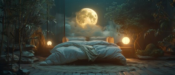 Wall Mural - A bedroom with a bed, nightstand, and lamp